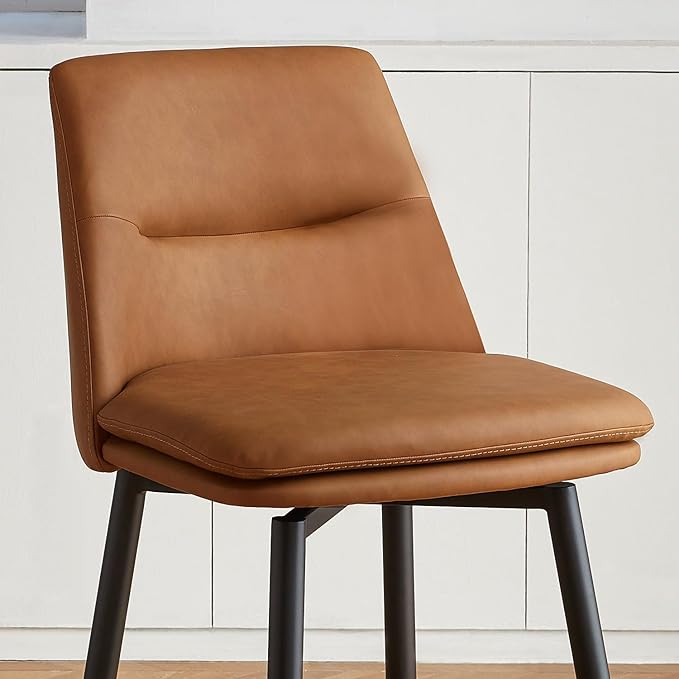Brown Counter Height Bar Stools Set of 3, 26 Inch Seat Height with Back and Metal Legs, 360° Swivel Upholstered Faux Leather Swivel Bar Stools