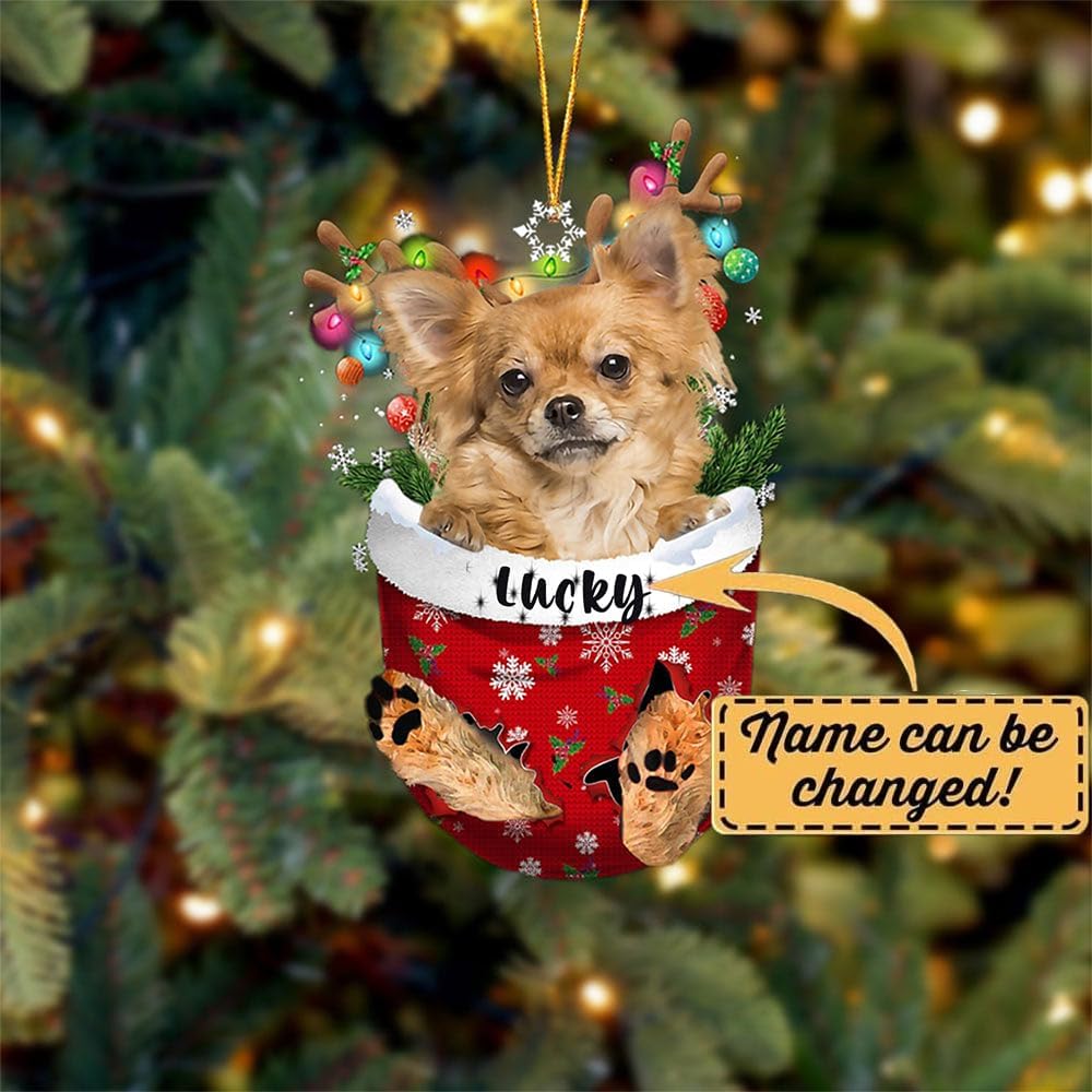Long Haired Tan Chihuahua Dog Christmas Ornament, Long Haired Tan Chihuahua in Snow Pocket Christmas Tree Ornament, Dog Lovers Gift Idea Xmas Decor, Christmas Ornament Gift for Dog Lovers