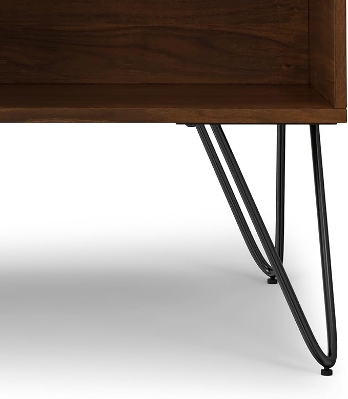 SIMPLIHOME Hunter Small Lift Top Coffee Table - 36 inch Wide Solid Walnut Veneer and Metal Industrial Cocktail Table, Living Room Table with Hidden Storage, 2 Cubbies, and Hairpin Legs