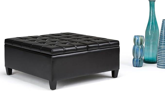 SIMPLIHOME Harrison 36 inch Wide Transitional Square Coffee Table Storage Ottoman in Midnight Black Vegan Faux Leather, Assembled, For the Living Room and Bedroom