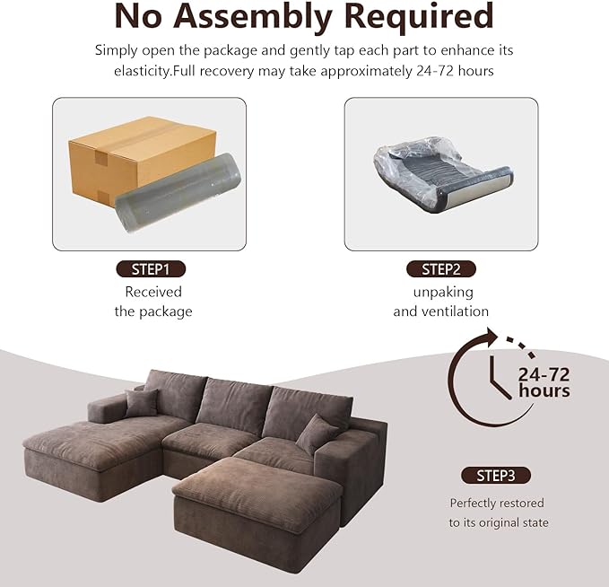 107'' U-Shaped Modern Modular Sectional Cloud Couch Whit Ottoman, 4-Seat Chenille Deep-Seat Sofa with Pillow for Living Room, Bedroom, Apartment, Camel