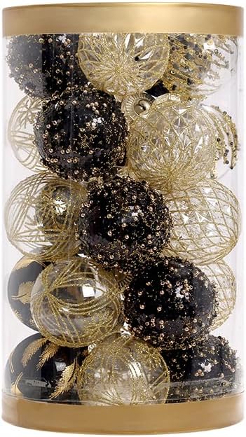 25PCS Christmas Ornaments Set, 2.36"/6CM Clear Plastic Shatterproof Christmas Ball Hanging Ornaments for Xmas Tree Decorations, for Indoor Home Party Holiday Decor - Black/Gold.