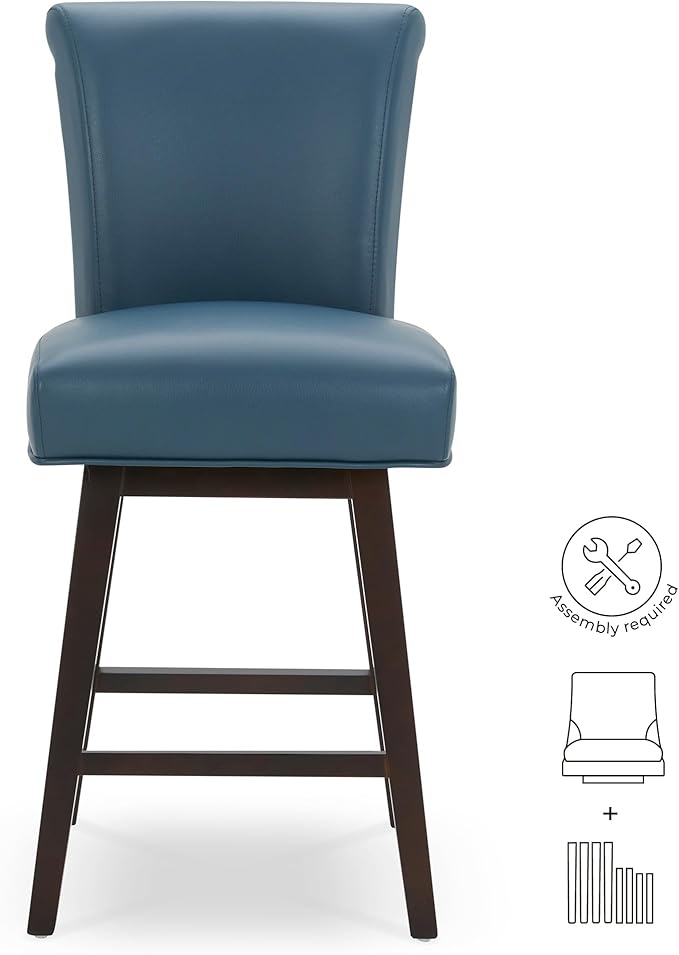 CHITA 26 Inch Counter Height Swivel Bar Stools Set of 2, FSC Certified Modern Upholstered Faux Leather Swivel Barstool Chair with Back, Blue