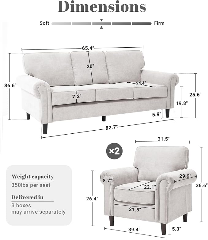 Kingfun 3 Seater Couch with Chair, Mid Century Modern Sofa Set with Rolled Arms and Deep Seats, Fluffy Comfort for Living Room, Apartment, Easy Assembly, Beige
