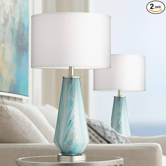 Possini Euro Design Jaime Modern Table Lamps 26" Tall Set of 2 Blue Smoky Gray Swirls Art Glass White Fabric Drum Shade Decor for Bedroom Living Family Room Bedside Nightstand House Home Office