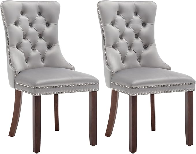 Velvet Dining Chairs Set of 2, Tufted Dining Room Chairs with Nailhead Ring Pull Trim, Upholstered Dining Chairs with Solid Wood Legs for Kitchen Dining Room (Light Grey)