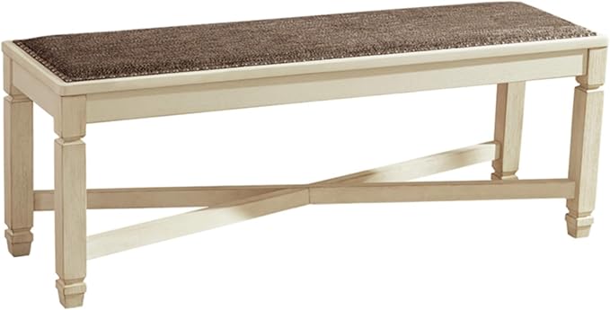 Signature Design by Ashley Bolanburg Casual French Country Upholstered Dining Room Bench with Nailhead Trim, Heavy Woven Fabric, Wood, Antique White & Tan