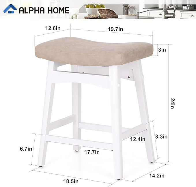 ALPHA HOME Bar Stools Set of 4, Solid Wood Saddle Kitchen Stools with Beige PU Leather Cushion Counter Height Barstools with Wooden Base for Kitchen Dining Cafe, 24 Inch, Beige, 4PCS