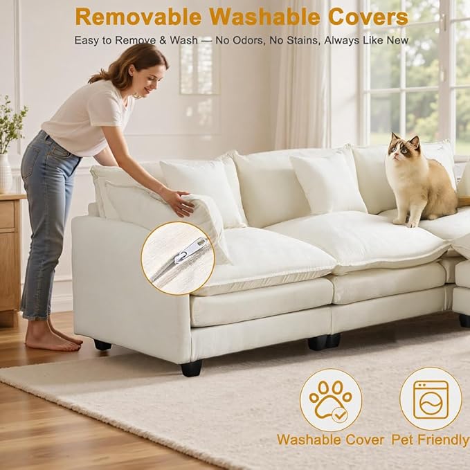 Expandable L-Shaped Sectional Sofa with Ottoman for Apartments, 77" Cloud Chenille Sofa, Create a U-Shape Layout with Optional 2nd Ottoman, Solid Wood Frame, Easy Assembly
