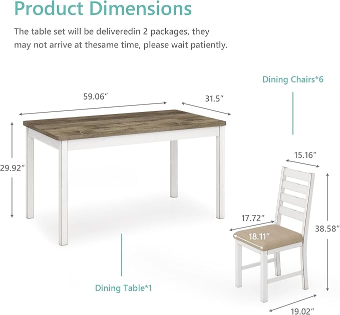 Farmhouse Dining Table Set for 6 Person, 59" Kitchen Table Set with 6 Upholstered Chairs, White Rectangular Dinner Room Table & Chairs Set Rustic Wood Stable (6 Chairs)