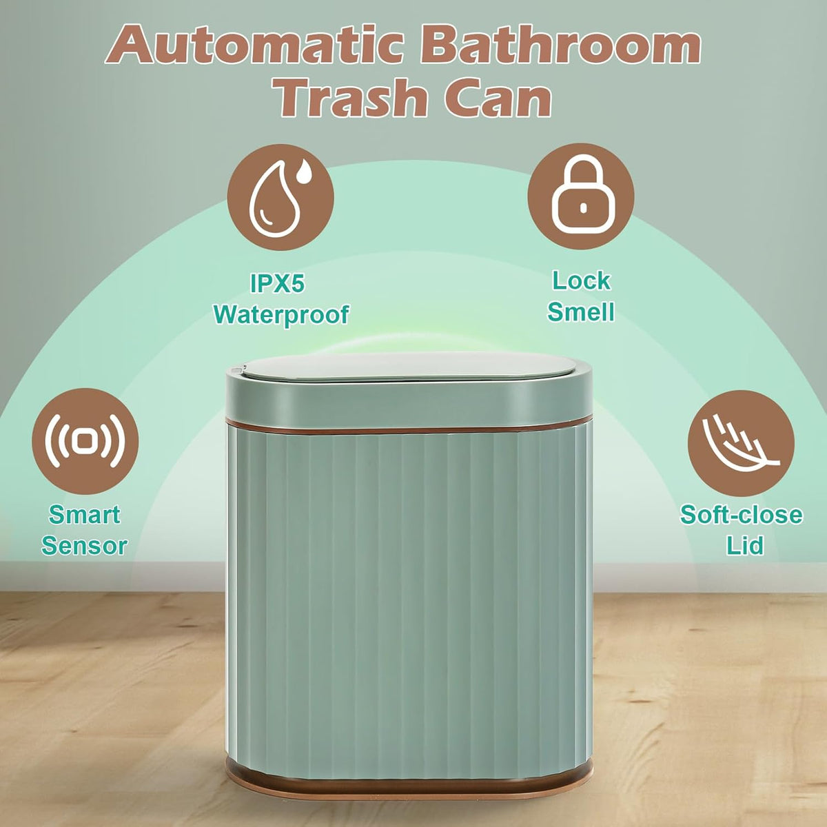 ELPHECO Bathroom Trash Can with Automatic Lid 2 Gallon Sensor Trash Bin, Smart Garbage Can IPX5 Waterproof Trash Bin, Small Slim Trash Can, Motion Sensor Wastebasket for Office, Kitchen, Sage Green