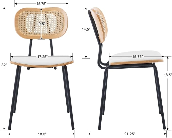 Mid-Century Modern Rattan Cane Back Dining Chairs Set of 2 — PU Leather Upholstered Seat, Black Metal Legs, Kitchen Side Chairs for Kitchen & Dining Room, White