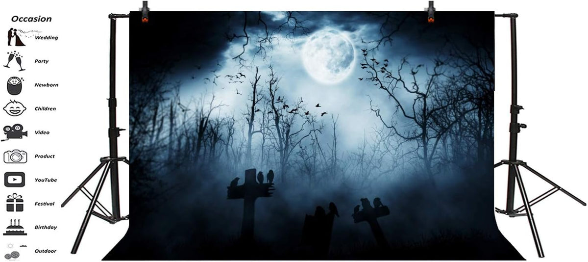 AOFOTO 9x6ft Moon Night Halloween Cemetery Photography Backdrop Flying Bats Birds Stand on Gravestone Cross Graveyard in Dark Forest Photo Background Cloth Vinyl Wallpaper Photo Studio Props