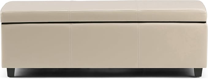 SIMPLIHOME Avalon Storage Ottoman Bench - 48 inch Wide Upholstered Vegan Leather Rectangular Lift-Top Ottoman in Satin Cream, Contemporary Storage Bench for Living Room with High-Density Foam