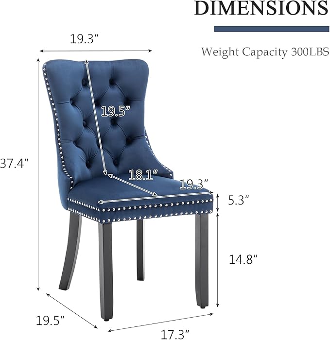 Velvet Dining Chairs Set of 6, Tufted Dining Room Chairs with Nailhead Ring Pull Trim, Upholstered Dining Chairs with Solid Wood Legs for Kitchen Dining Room, Sillas De Comedor (Blue)