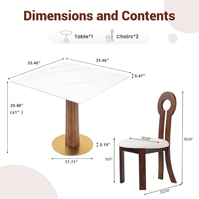 Sintered Stone Square Office Table and Chair Set - Meeting Table for Small Offices (Dark Brown Leg and White Top, 1 Table and 2 Chairs)