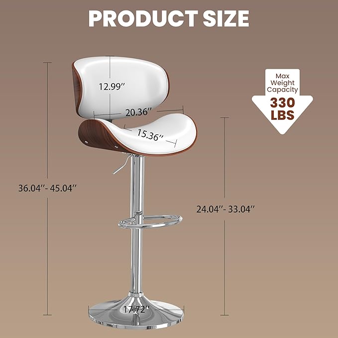 Bar Stools Set of 2, Bar Stools for Kitchen Island with Bentwood Back and Leather Seat, Swivel Barstools for Kitchen Counter, Bar, White