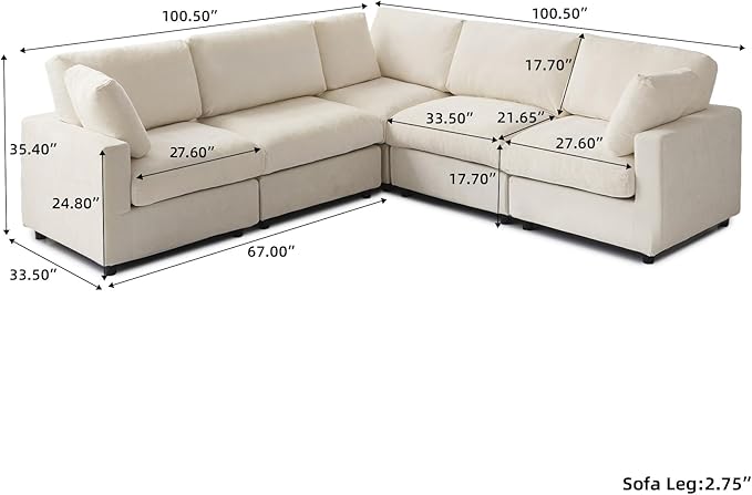 WJShome V Shaped Sectional Couch 100 Inch 5-Seater Modern Modular Sofa,Chenille Deep Seat Couches for Living Room, Bedroom and Apartment，Beige