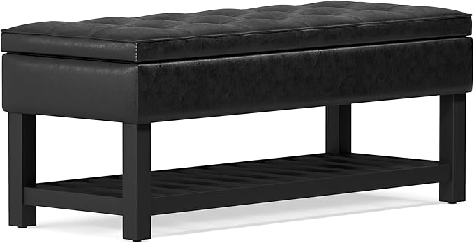 SIMPLIHOME Cosmopolitan Storage Ottoman Bench - 44 inch Wide Upholstered Vegan Leather Rectangle Storage Ottoman in Distressed Black, Transitional Bench for Bedroom with Tufted Lift-Top and Open Shelf
