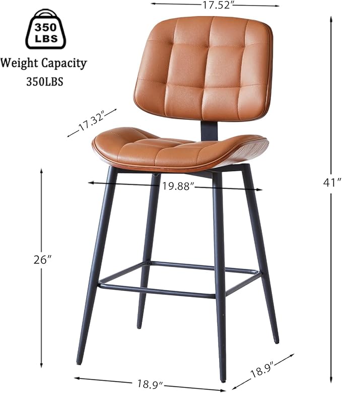 Mid Century Modern Bar Stools Set of 2 for Kitchen Island,Upholstered Brown Faux Leather Counter Height stools,26 Inch Counter stools with Walnut Grain Back