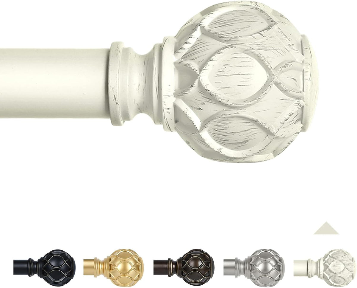 White Farmhouse Curtain Rods for Windows:66-120" Heavy Duty Adjustable Curtain Rod for Bedroom Living Room,Boho Decorative Rustic Drapery Rods with Vintage Coastal Texture Finial,Antique White