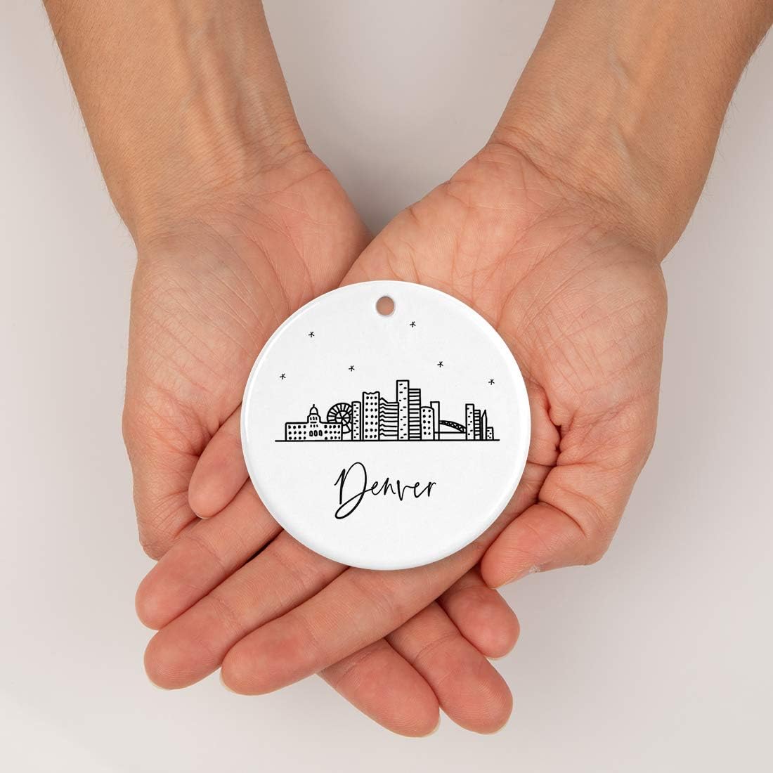 Andaz Press Round Ceramic Porcelain Christmas Tree Ornament Keepsake, Denver Black and White Stars City Skyline Graphic, 1-Pack, Birthday Gift Ideas Family Coworker Him Her, Includes Gift Box