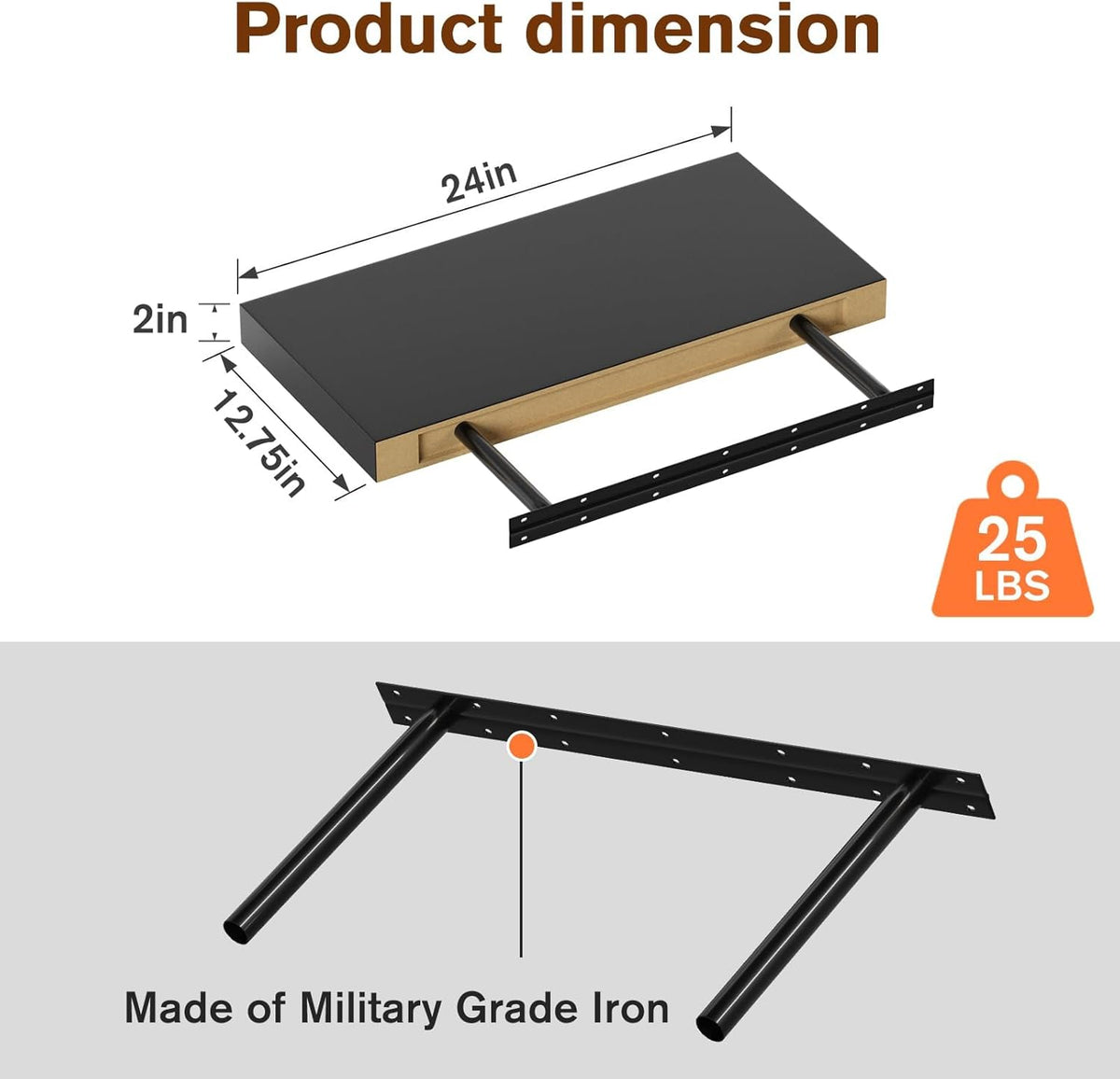 Floating Shelf, Set of 2 Wall Shelf, 24 in W x 12.75 in D x 2 in H Wooden Floating Wall Shelf with Invisible Brackets for Living Room/Bedroom/Bathroom/Kitchen Storage and Decor, Black Wood