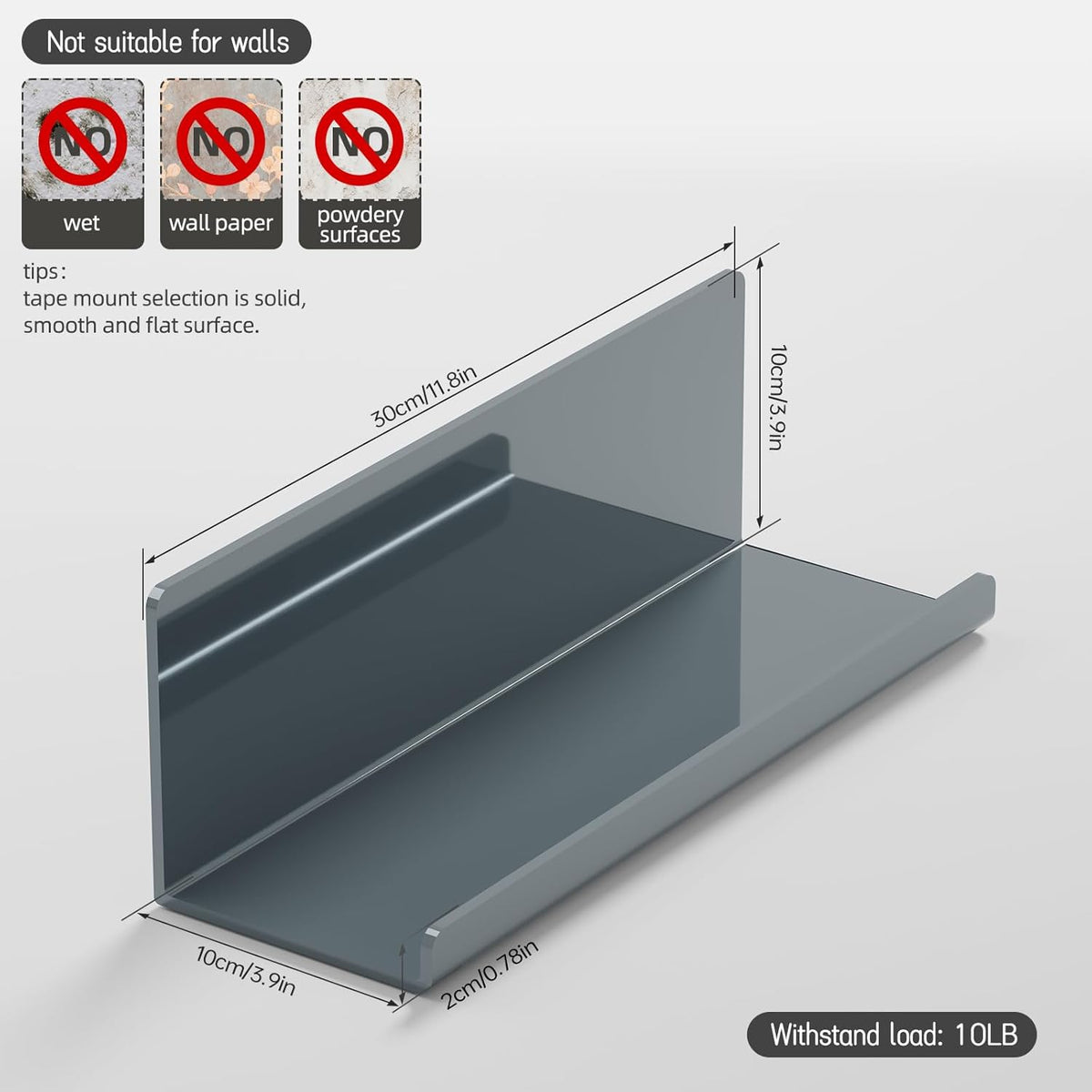 Adhesive Floating Shelves for Wall No Drilling, 12 Inch Acrylic Self Adhesive Shelves, Stick on Shelves, Dorm Wall Shelf, for Bathroom, Kitchen, Bedroom, Office, Gaming Room, Gray