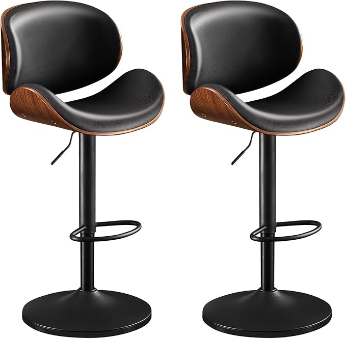 Furniliving Adjustable Bar Stools Set of 2, Swivel Bentwood Barstools Counter Height Bar Stools, Ergonomic Modern Bar Stools with Back Upholstered Barstools for Dining Room, Kitchen, Bar, Black, PU