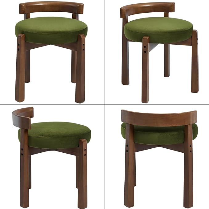 Modern Vanity Chair Upholstered Small Ottoman Footstool, Make Up Stool Velvet Fabric with Backrest Wooden Frame for Living Room Bedrooms, 2PCS, Green