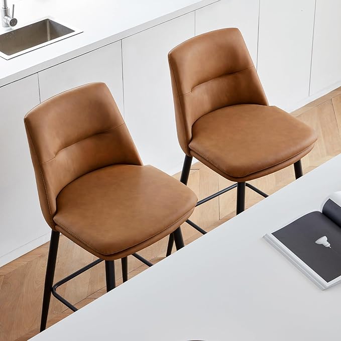 Brown Counter Height Bar Stools Set of 2, 26 Inch Seat Height with Back and Metal Legs, 360° Swivel Upholstered Faux Leather Swivel Bar Stools