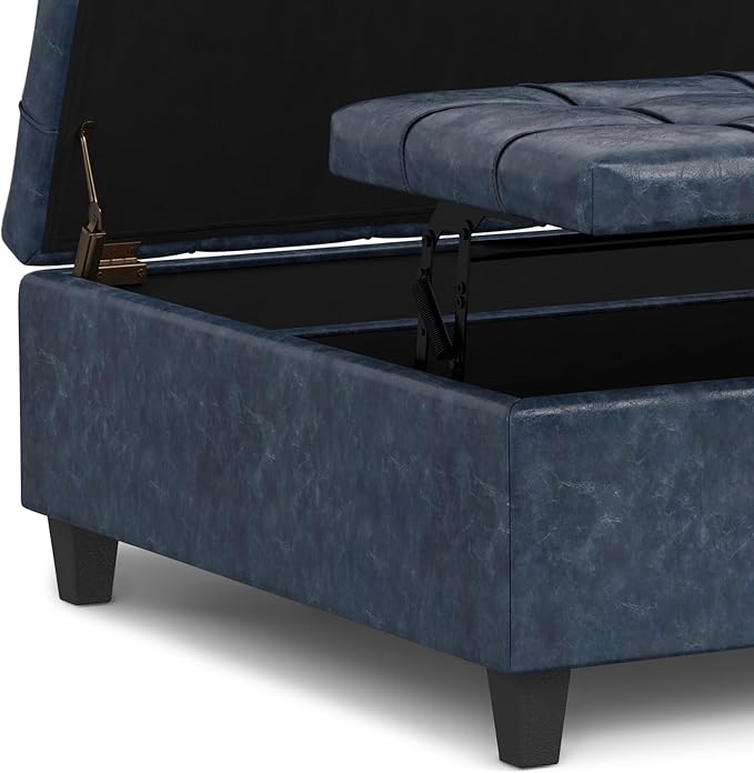 SIMPLIHOME Harrison 40 inch Wide Transitional Square Large Coffee Table Storage Ottoman in Denim Blue Vegan Faux Leather, Assembled, for The Living Room and Bedroom