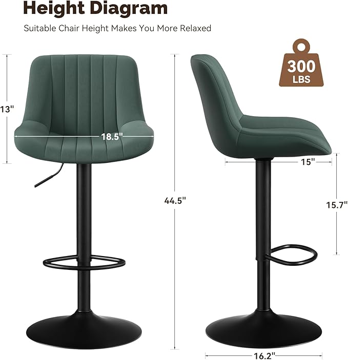 Nalupatio Bar Stools Set of 2, Adjustable Modern Swivel Bar Stools with Backs, Counter Height Performance Fabric Island Chairs for Home Kitchen, Dark Green