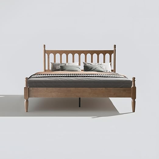 Queen Size Bed Frame with Headboard & Footboard, Solid Wood Platform Design, Center Metal Legs with 12 Durable Slatted Base, No Box Spring Needed, Anti-Slip & Noise-Free, Barnwood Finish, WCQ-30
