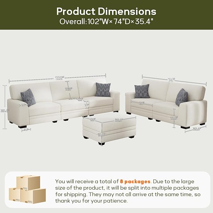 Wanderwell Oversized Modular Sectional Sofa, 6-Seater U Shaped Couches with Movable Ottoman,Corduroy Sectional Couch with Wide and Deep Seats Suitable for Living room,Bedroom,Apartment (Cream, 2+3+OT)