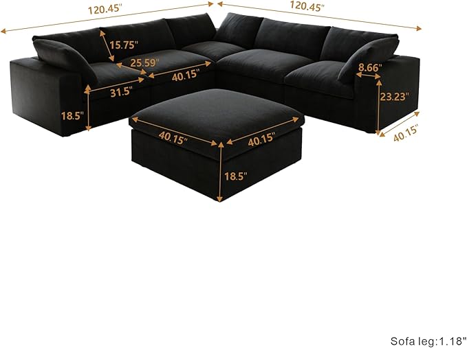 Cloud Modular Sectional Sofa for Livingroom,Large Down Filled Comfort Corner Sectional Sofa Couch with Ottoman,Wide Deep Seat Convertible Couches for Office Apartment,V Shaped,Black