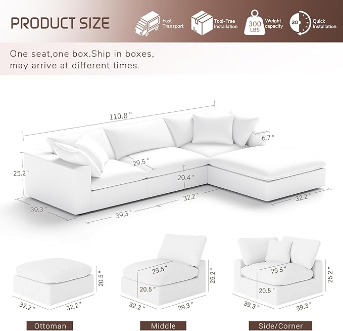 Oversize Cloud Modular Sectional Sofa,110.8" L Shape 3 Seaters with Chaise Down Filled Comfort Sofa Detachable Couch Cushion Covers for Living Room,White