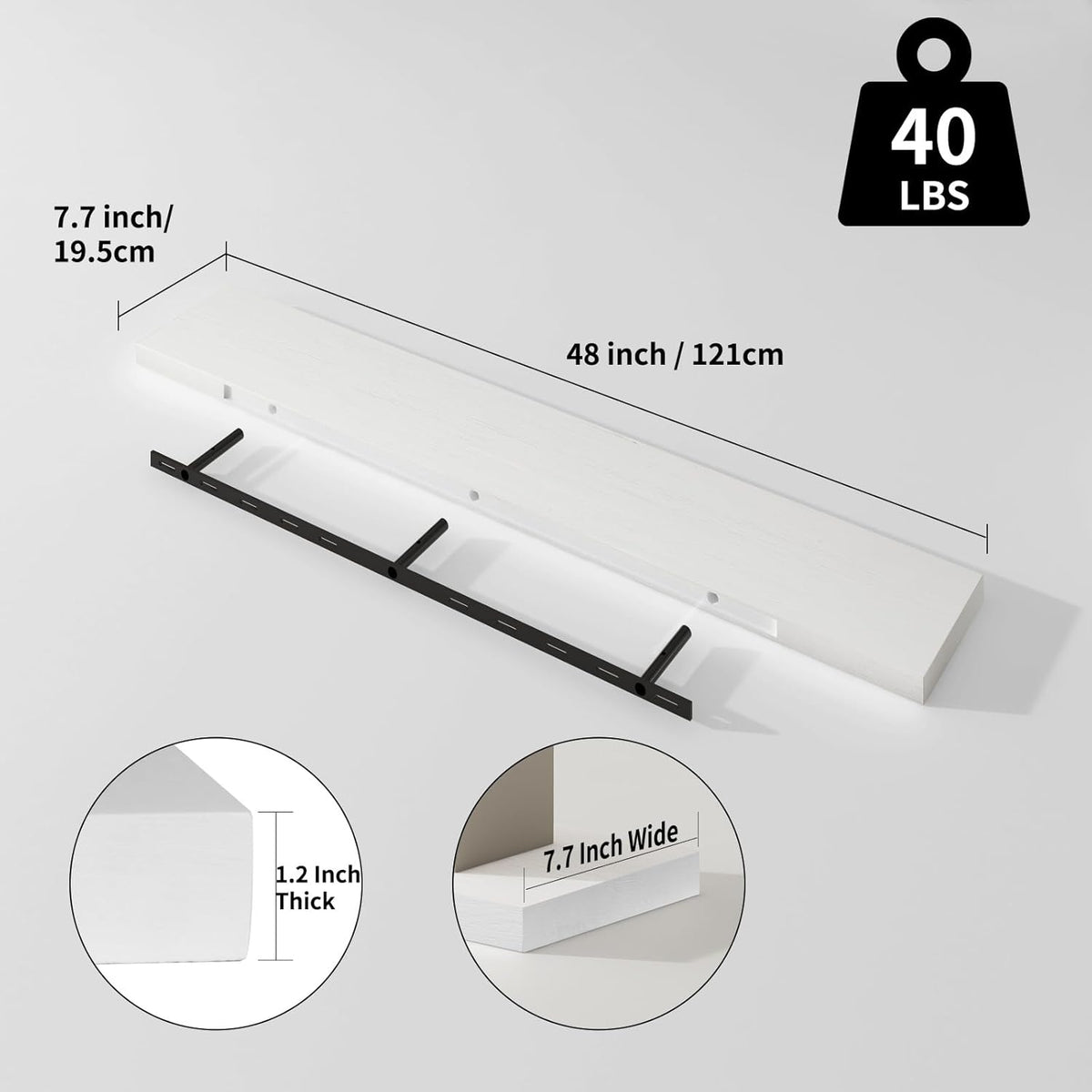 SAUMONIERES Floating Shelves 8 Inch Deep Solid Wood Wide Wall Shelf Set of 1 Wall Mounted for Bedroom Bathroom Living Room Kitchen, 48 Inch White