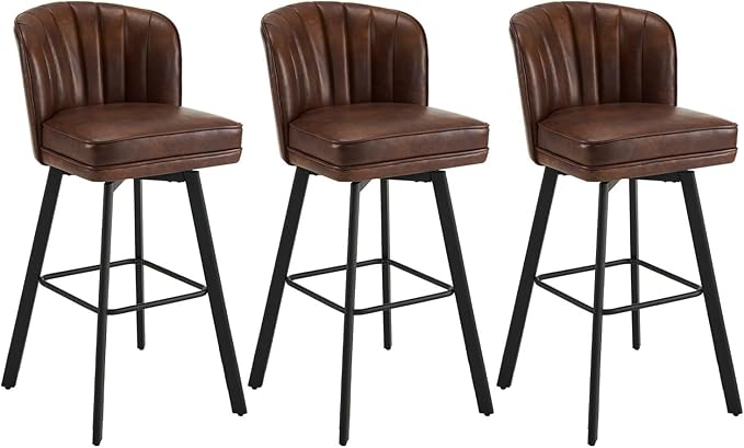 Swivel Counter Height Bar Stools Set of 3, 30'' Modern Barstools with Backs and Metal Legs, Upholstered Bar Chairs, Faux Leather Brown Stools for Kitchen Island Chairs