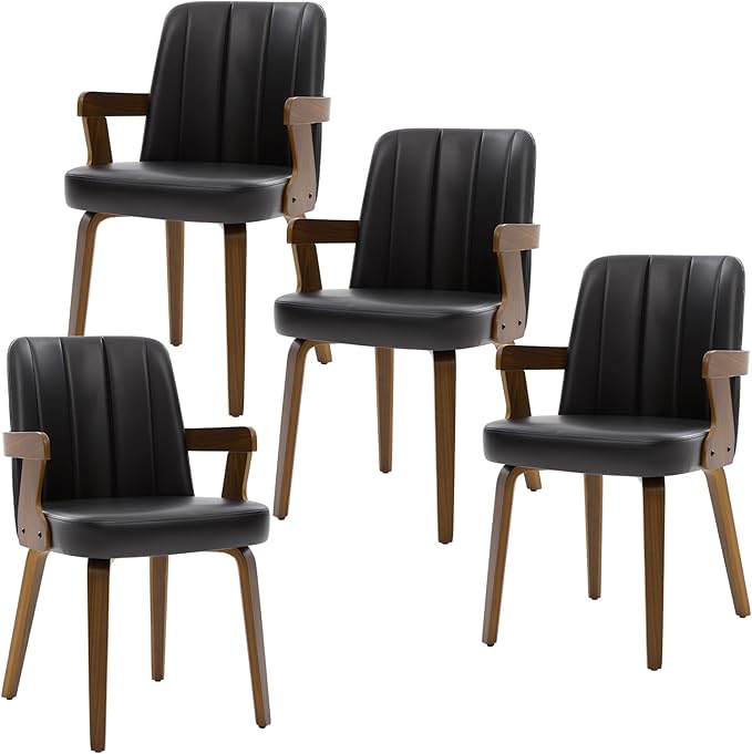 Kitchen Dining Chairs Set of 4, Faux Leather Upholstered Dining Room Chairs with Wood Arms and Legs, Mid Century Modern Kitchen Side Chair for Living, Bedroom, Restaurant, Walnut/Black