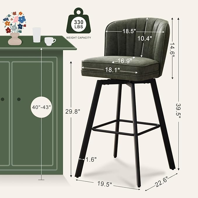 Swivel Counter Height Bar Stools Set of 3, 30'' Modern Barstools with Backs and Metal Legs, Upholstered Bar Chairs, Faux Leather Green Stools for Kitchen Island Chairs