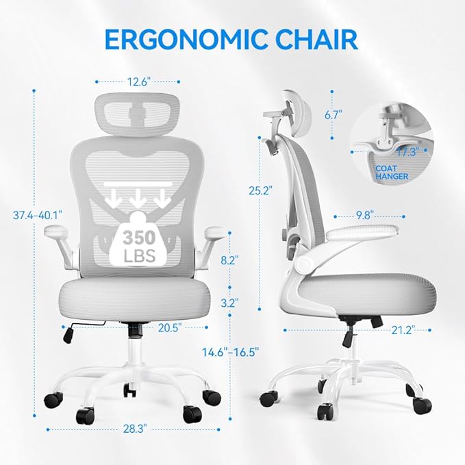 Ergonomic Office Chair with Headrest 3D, Mesh Office Desk Chair with Adjustable Lumbar Support, Computer Chair with Flip up Armrests, 350LBS Capacity - Design for Home/Offices - Grey