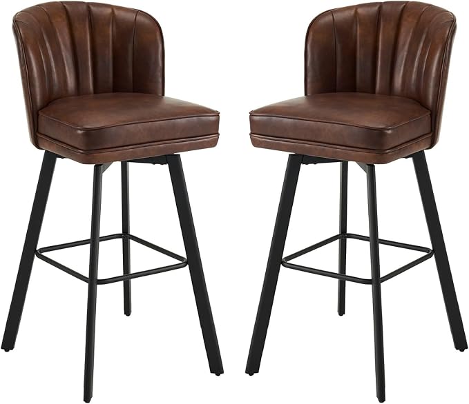 Swivel Counter Height Bar Stools Set of 2, 30'' Modern Barstools with Backs and Metal Legs, Upholstered Bar Chairs, Faux Leather Brown Stools for Kitchen Island Chairs