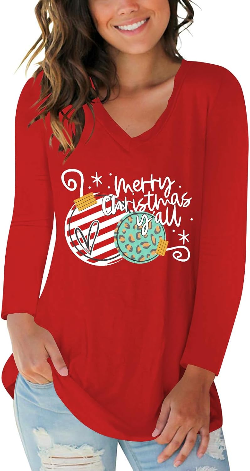 Tobrief Women's Long Sleeve V-Neck Shirts Fall Graphic Tees Loose Casual T-Shirt
