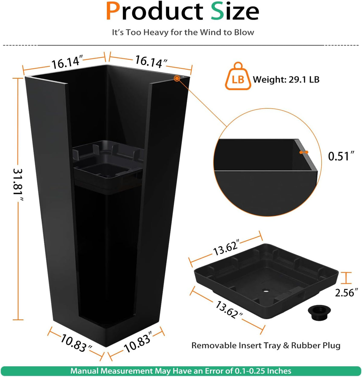 Tall Planters for Outdoor Plants, Large Resin Flower Pots for Garden, Front Porch, Patio, Indoor - Set of 2 (Black, 32 inch - 2 Pack)