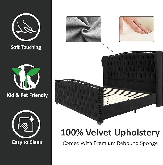 AMERLIFE California King Size Platform Bed Frame, Velvet Upholstered Bed with Deep Button Tufted & Nailhead Trim Wingback Headboard/No Box Spring Needed,Black