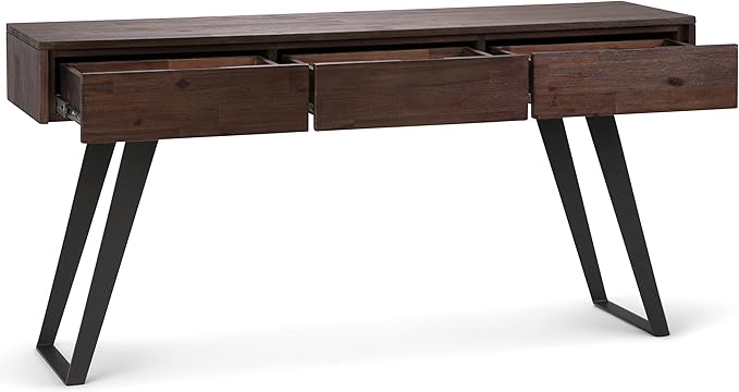 SIMPLIHOME Lowry Console Table - 60 Inch Wide Solid Acacia Wood Sofa Table in Distressed Charcoal Brown, Modern Industrial Storage Table for Living Room with 3 Drawers and Angled Metal Legs