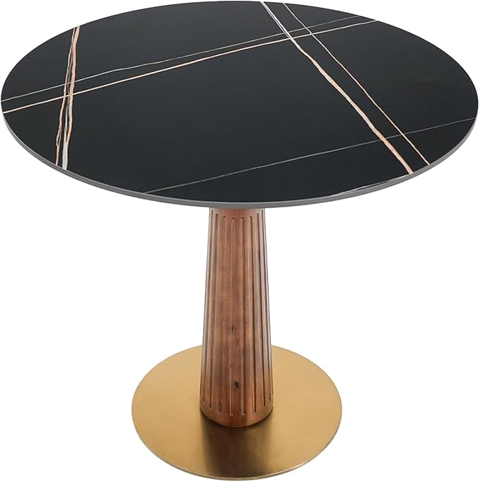 Sintered Stone Office Table - 33.5" Round Table for Small Offices (Light Brown Leg and Black Top, 1 Table Only)