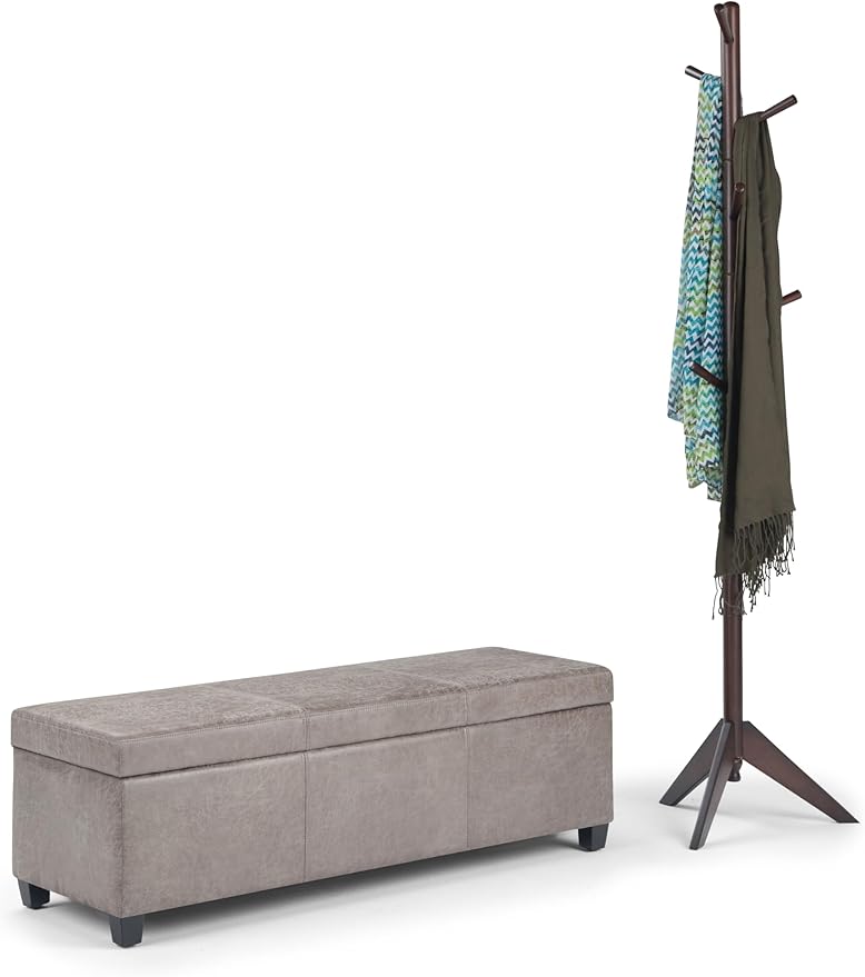 SIMPLIHOME Avalon Storage Ottoman Bench - 48 inch Wide Upholstered Vegan Leather Rectangular Lift-Top Ottoman in Distressed Grey Taupe, Contemporary Bench for Living Room with High-Density Foam