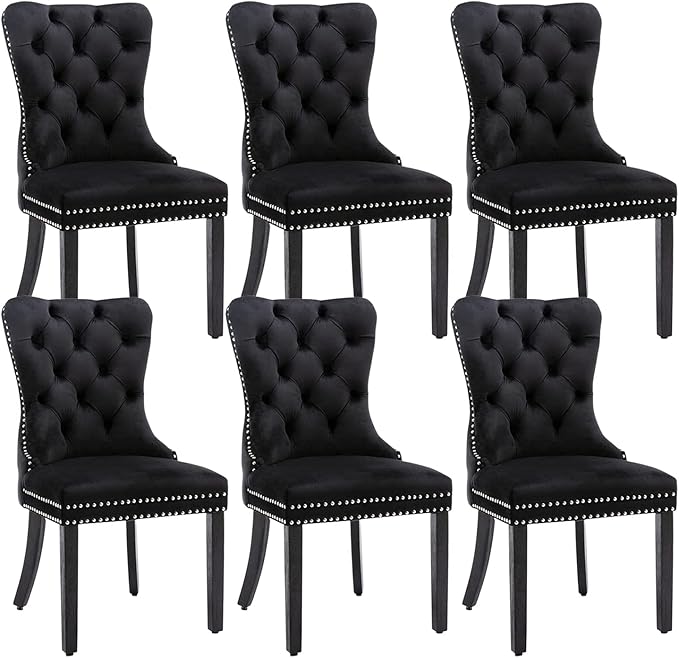 Velvet Dining Chairs Set of 6, Tufted Dining Room Chairs with Nailhead Ring Pull Trim, Upholstered Dining Chairs with Solid Wood Legs for Kitchen Dining Room, Sillas De Comedor (Black)